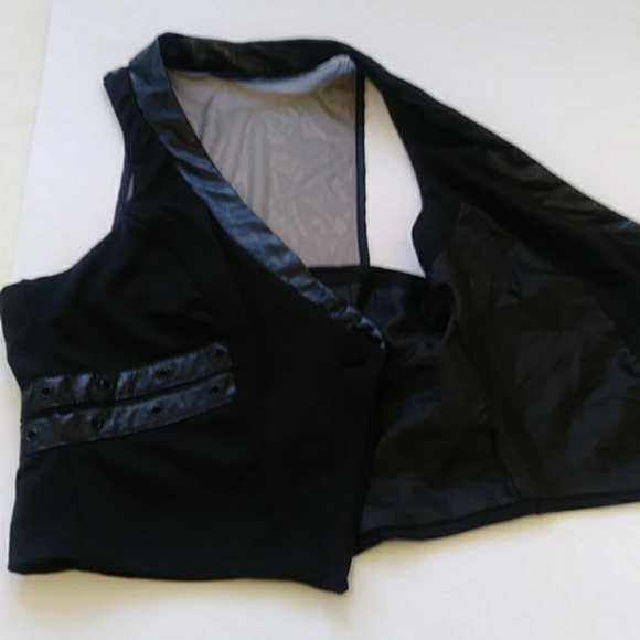 Vintage Black Vest Faux Leather Trim Sheer Back - Picture 6 of 7